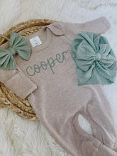 Load image into Gallery viewer, Personalized Baby Girl Outfit | Mocha Romper Dark Sage Green Chunky Chain Stitch Baby Name