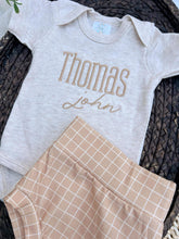 Load image into Gallery viewer, Personalized Baby Boy Outfit | Oatmeal Beige Bodysuit Honey Beige Custom Name