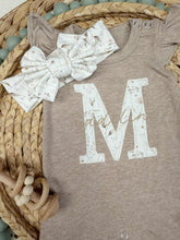 Load image into Gallery viewer, Personalized Baby Girl Outfit | Mocha Brown Flutter Sleeve Ruffle Romper Floral White Baby Name