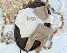 Load image into Gallery viewer, Personalized Baby Name Sweatshirt Set | Oatmeal Pullover Taupe Pants