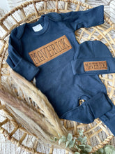 Load image into Gallery viewer, Personalized Baby Boy Outfit | Navy Romper - Leather Patch Style Baby Name