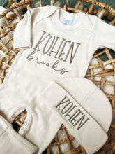Load image into Gallery viewer, Personalized Baby Boy Newborn Outfit | Natural Oatmeal Romper Custom Color Baby Name