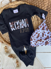 Load image into Gallery viewer, Personalized Baby Boy Outfit | Black Romper Cow Print Baby Name
