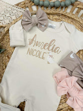 Load image into Gallery viewer, Personalized Baby Girl Outfit | Natural Oatmeal Romper Goose Pink Custom Baby Name