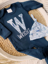 Load image into Gallery viewer, Personalized Baby Boy Outfit | Navy Romper- Airplane Jets Blue Initial Baby Name