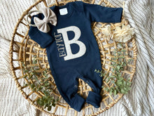 Load image into Gallery viewer, Personalized Baby Girl Outfit | Navy Romper - Speckled Polka Dot Oatmeal Beige Initial Baby Name