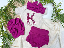 Load image into Gallery viewer, Personalized Baby Girl Outfit | Oatmeal Bodysuit Bright Pink Floral Initial Baby Name