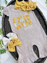 Load image into Gallery viewer, Personalized Baby Girl Outfit | Mocha Brown Flutter Sleeve Ruffle Romper Floral Blue Baby Name
