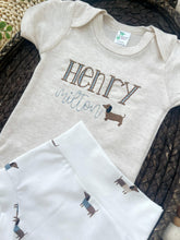 Load image into Gallery viewer, Personalized Baby Boy Outfit | Oatmeal Beige Bodysuit Dog Blue Custom Name