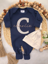 Load image into Gallery viewer, Personalized Navy Blue Beige Baby Boy Outfit | Navy Blue Romper Biege Stripe
