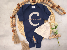 Load image into Gallery viewer, Personalized Navy Blue Beige Baby Boy Outfit | Navy Blue Romper Biege Stripe