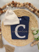 Load image into Gallery viewer, Personalized Navy Blue Beige Baby Boy Outfit | Navy Blue Romper Biege Stripe