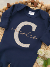 Load image into Gallery viewer, Personalized Navy Blue Beige Baby Boy Outfit | Navy Blue Romper Biege Stripe