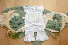 Load image into Gallery viewer, Personalized Baby Girl Outfit | White Flutter Sleeve Ruffle Romper Floral Green Baby Name