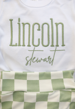 Load image into Gallery viewer, Personalized Baby Boy Outfit | White Bodysuit Green Checker Custom Name