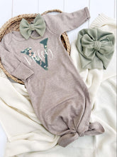 Load image into Gallery viewer, Personalized Baby Girl Outfit | Mocha Brown Knotted Gown Floral Green