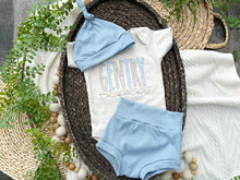 Load image into Gallery viewer, Personalized Baby Boy Outfit | Oatmeal Beige Bodysuit Soft Blue Tan Custom Baby Name