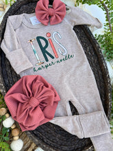 Load image into Gallery viewer, Personalized Baby Girl Outfit | Mocha Brown Romper Pink Green Custom Baby Name