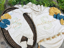 Load image into Gallery viewer, Personalized Newborn Baby Girl Outfit | Oatmeal Romper Gold and Blue Floral Big Letter Initial and Baby Name