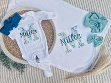 Load image into Gallery viewer, Personalized Girl Baby Outfit | White Romper Soft Green Initial Baby Name