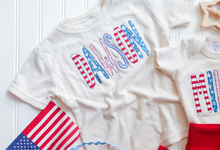 Load image into Gallery viewer, Personalized Kid Shirt | Oatmeal Shirt - Matching Sibling Red White Blue