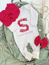 Load image into Gallery viewer, Personalized Baby Girl Outfit | Oatmeal Beige Romper Pink Floral Letter