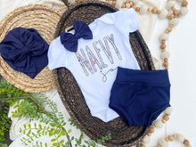 Load image into Gallery viewer, Personalized Baby Girl Outfit | White Bodysuit Blue Floral Baby Name