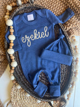 Load image into Gallery viewer, Personalized Navy Blue Beige Baby Boy Outfit | Heather Navy Blue Romper Biege Chunky Chain Stitch