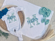 Load image into Gallery viewer, Personalized Girl Baby Outfit | White Romper Soft Green Initial Baby Name