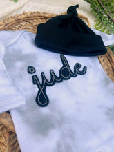 Load image into Gallery viewer, Personalized Newborn Baby Boy Outfit | Mist Smoke Gray Romper Rust Felt Baby Name
