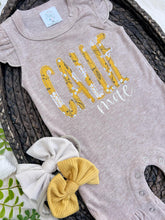 Load image into Gallery viewer, Personalized Baby Girl Outfit | Mocha Brown Flutter Sleeve Ruffle Romper Floral Blue Baby Name