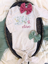 Load image into Gallery viewer, Personalized Baby Girl Outfit | Oatmeal Knotted Gown Floral Pink Green