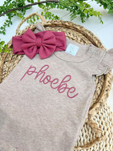 Load image into Gallery viewer, Personalized Baby Girl Outfit | Mocha Flutter Romper Deep Pink Baby Name