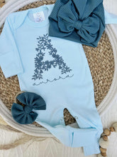 Load image into Gallery viewer, Personalized Baby Girl Outfit | Blue Romper Blue Floral Letter