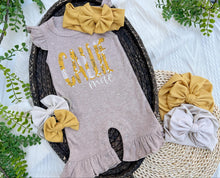 Load image into Gallery viewer, Personalized Baby Girl Outfit | Mocha Brown Flutter Sleeve Ruffle Romper Floral Blue Baby Name