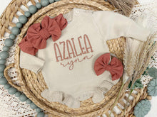 Load image into Gallery viewer, Personalized Baby Girl Newborn Outfit | Oatmeal Sweater Romper Pink Baby Name