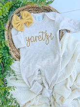 Load image into Gallery viewer, Personalized Baby Girl Outfit | Oatmeal Beige Romper Golden Yellow Chunky Chain Stitch Baby Name