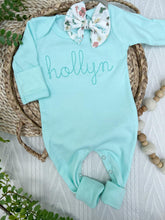 Load image into Gallery viewer, Personalized Baby Girl Outfit | Mint Romper Dark Mint Custom Baby Name