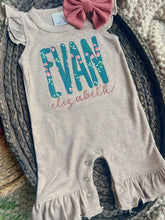 Load image into Gallery viewer, Personalized Baby Girl Outfit | Mocha Flutter Sleeve Ruffle Romper Floral Blue Baby Name