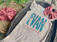 Load image into Gallery viewer, Personalized Baby Girl Outfit | Mocha Flutter Sleeve Ruffle Romper Floral Blue Baby Name