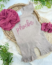 Load image into Gallery viewer, Personalized Baby Girl Outfit | Mocha Flutter Romper Deep Pink Baby Name