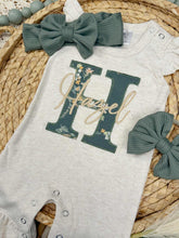 Load image into Gallery viewer, Personalized Baby Girl Outfit | Oatmeal Flutter Sleeve Ruffle Romper Floral Green Baby Name