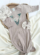 Load image into Gallery viewer, Personalized Baby Girl Outfit | Mocha Brown Knotted Gown Floral Green