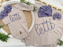 Load image into Gallery viewer, Personalized Baby Girl Outfit | Mocha Brown Romper Ellison Purple Chunky Chain Stitch Baby Name