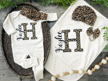 Load image into Gallery viewer, Personalized Baby Girl Outfit Oatmeal Romper With Leopard Big Initial Black Baby Name - style: oatmealleopard