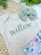 Load image into Gallery viewer, Personalized Baby Girl Outfit | Oatmeal Beige Bodysuit Sage Green Floral Baby Name
