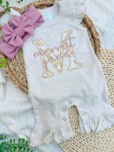Load image into Gallery viewer, Personalized Baby Girl Outfit | Oatmeal Flutter Sleeve Ruffle Romper Floral Pink Baby Initials
