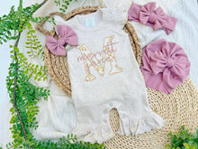 Load image into Gallery viewer, Personalized Baby Girl Outfit | Oatmeal Flutter Sleeve Ruffle Romper Floral Pink Baby Initials