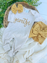 Load image into Gallery viewer, Personalized Baby Girl Outfit | Oatmeal Beige Romper Golden Yellow Chunky Chain Stitch Baby Name