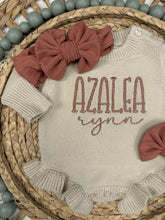 Load image into Gallery viewer, Personalized Baby Girl Newborn Outfit | Oatmeal Sweater Romper Pink Baby Name